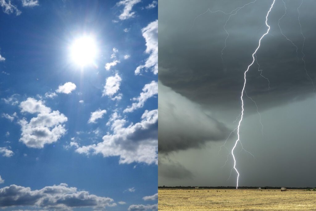 Auf der linken Bildhälfte ist schönes Wetter zu sehen: blauer Himmel, Sonnenschein, einige kleine Wolken. Auf der rechten Bildhälfte sieht man einen bedrohlichen Gewitterhimmel mit dunklen Wolken und heftigen Blitzen.
