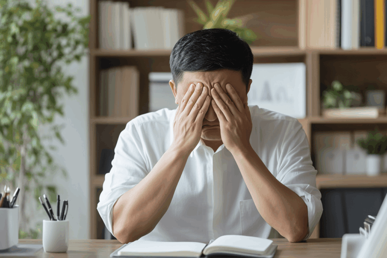 Ein Mann sitzt in seinem Büro am Schreibtisch und hält sich müde und erschöpft die Hände vors Gesicht.