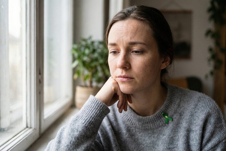 Eine Frau sitzt am Fenster und schaut leer und teilnahmslos vor sich hin. Die Stimmung ist getrübt.