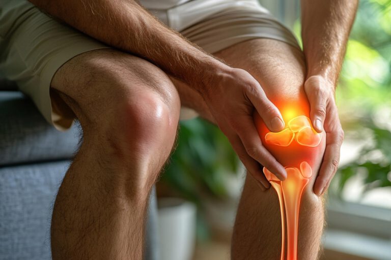 Ein Mann hält sich vor Schmerzen das Knie. Das Gelenk ist dabei orangefarben hervorgehoben.
