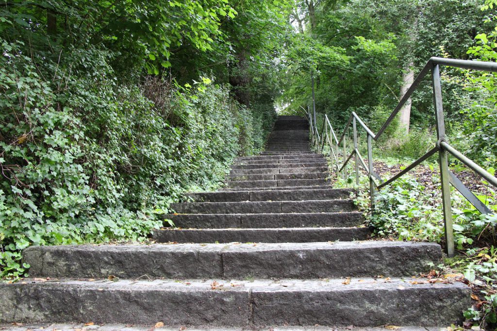 Eine Steintreppe mit Geländer in der Natur.