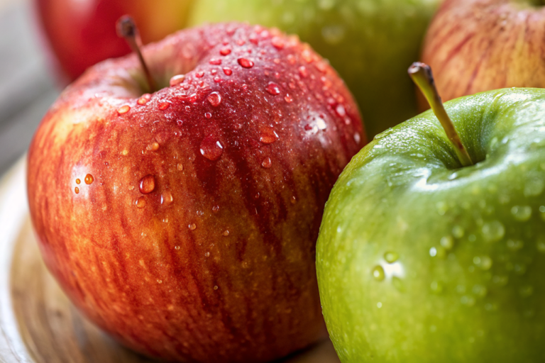 Frische Äpfel mit klaren Wassertropfen, ein roter und ein grüner Apfel im Vordergrund.