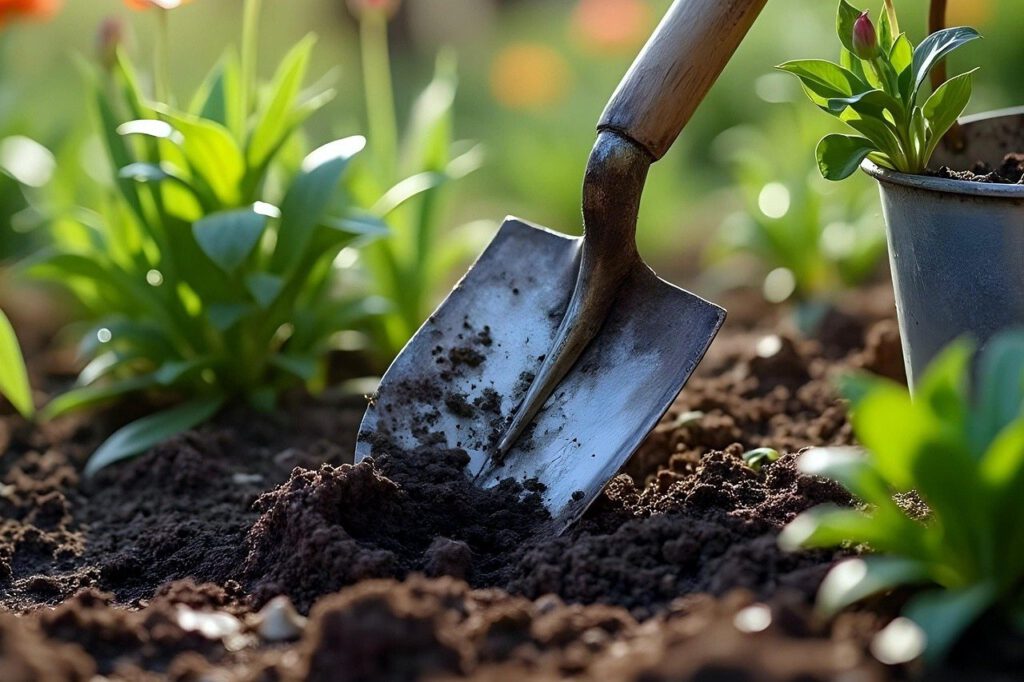 Nahaufnahme von Gartenarbeit, bei der eine Person mit einer Schaufel die Erde in einem gepflegten Garten umgräbt.
